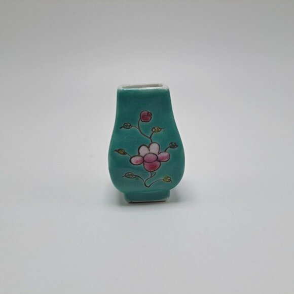Miniature Hand Painted Floral Turquoise Ceramic Vase Ornament Collectible Decor - Picture 1 of 8